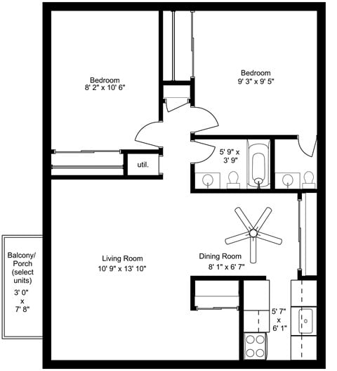 Floor plan for 2 beds, 1 bath, 1008 sqft